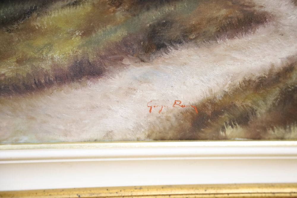 Giorgio Rocep, oil on canvas, Landscape with a passing train, signed, 29 x 89cm